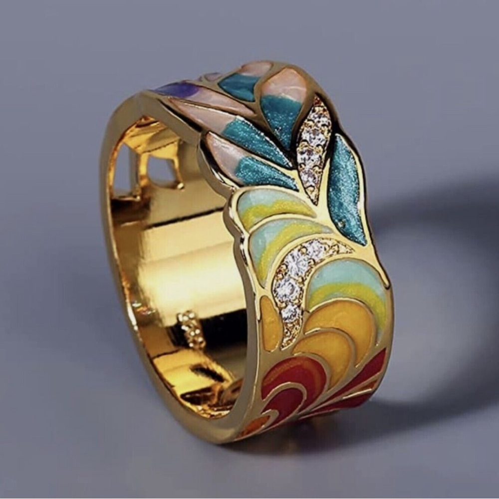 FUNEIA Colorful Enamel Ring Rainbow Swirl Size 6